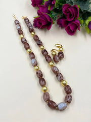 Semi Precious Brown Chalcedony Stone Beaded Necklace Set - Indo Western Bead Necklace Set