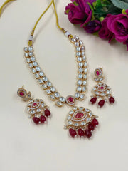 Rose Gold Finish Kundan Necklace Set - Wedding And Party Wear Kundan Jewelry with red stones