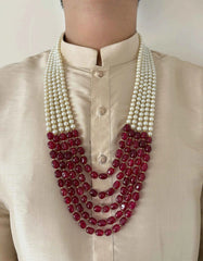 Unisex Multilayered Long Pearls And Red Gemstone Beaded Necklace - Perfect For Sherwani And Sarees