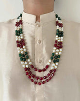 Semi Precious Triple Layered Multi Color Beaded Necklace For Grooms Sherwani - Gemstone Beaded Jewelry