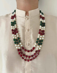 Semi Precious Triple Layered Multi Color Beaded Necklace For Grooms Sherwani - Gemstone Beaded Jewelry