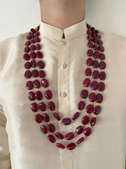 Long Semi Precious Triple Layered Ruby Red Jade Beaded Necklace For Mens Sherwani And Women