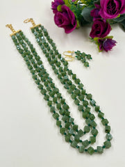 Elegant Triple Layered Green Beaded Necklace Set For Women - Perfect Saree Wear