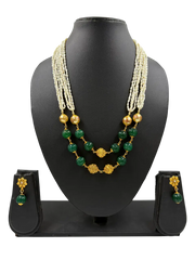 Semi Precious Green Pumpkin Beads And Natural Freshwater Pearls Beaded Necklace Set For Women