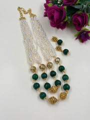 Semi Precious Green Pumpkin Beads And Natural Freshwater Pearls Beaded Necklace Set For Women