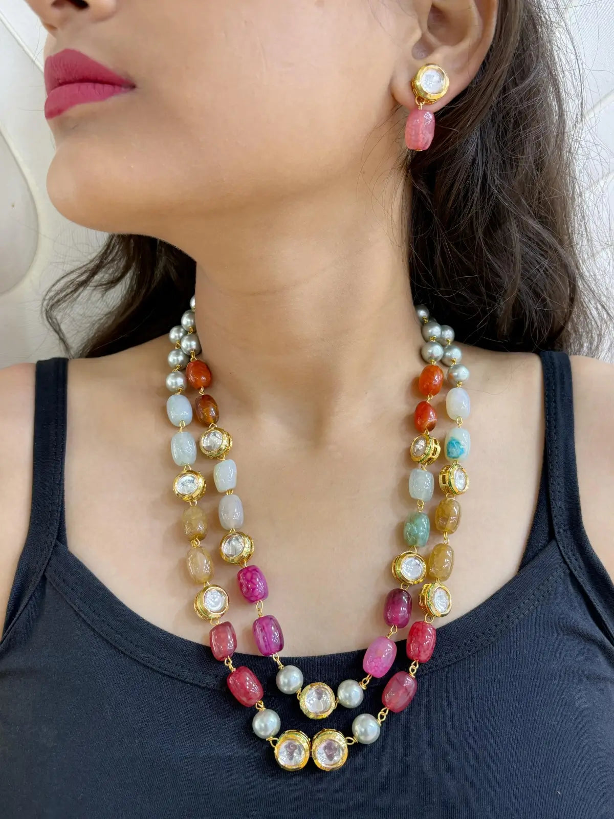 Elegant Double Strand Multicolor Chalcedony Stones Beaded Necklace Set For Women