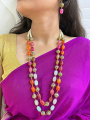 Long Semi Precious Gemstone Chalcedony Multicolor Beaded Necklace Set For Women