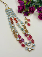 Elegant Double Strand Multicolor Chalcedony Stones Beaded Necklace Set For Women