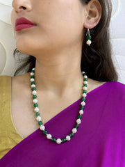 Single Strand Semi Precious Round Shape  Green Jade And Freshwater Real Pearls Necklace Set For Women