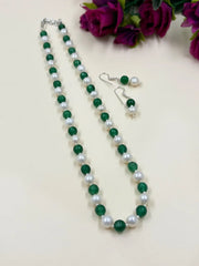 Single Strand Semi Precious Round Shape Green Jade And Freshwater Real Pearls Necklace Set For Women