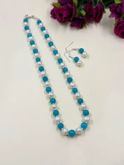 Single Strand Semi Precious Round Shape Sky blue Jade And Freshwater Real Pearls Necklace Set For Women