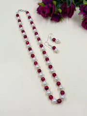 Single Strand Semi Precious Round Shape Reed Jade And Freshwater Real Pearls Necklace Set For Women