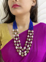 Designer Rose Pink Shell Pearls And Blue Jade Beads Necklace - Wedding And Festive Wear Beaded Jewelry