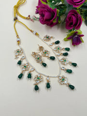 Simple Pearl Necklace Set With Green Polki Drops - Party And Festive Wear Necklace Set