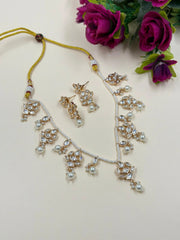 Simple Pearl Necklace Set With Polki Drops - Party And Festive Wear Necklace Set