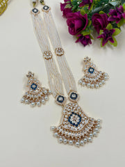 Classy Long Kundan Necklace Set With Pearl Strands | Wedding Wear Luxury Blue Kundan Necklace Set