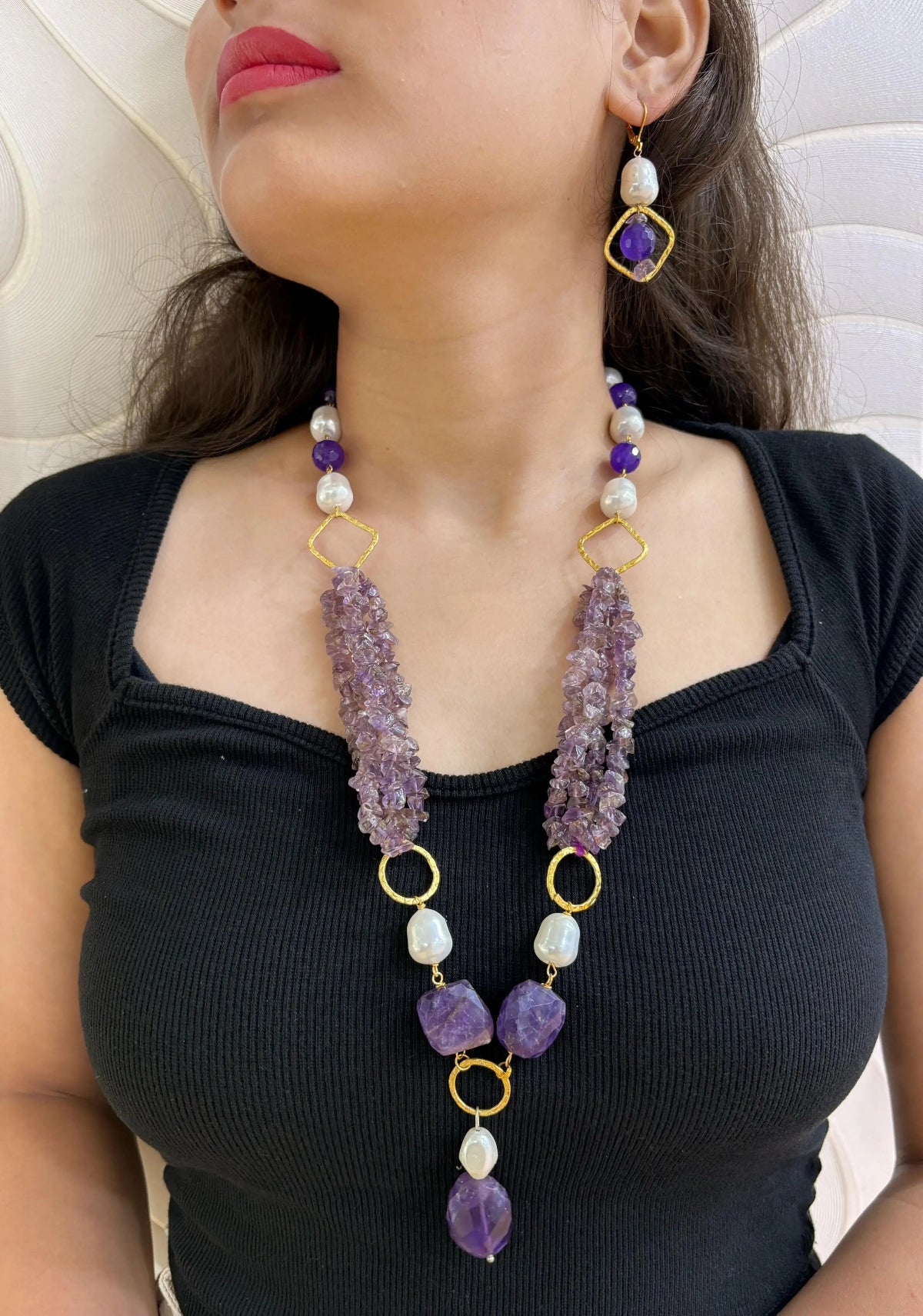 Statement Look Pearls And Raw Amethyst Beads Necklace | Handmade Gemstone Jewelry