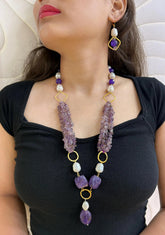 Statement Look Pearls And Raw Amethyst Beads Necklace | Handmade Gemstone Jewelry