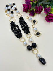 Designer Pearls And Black Onyx Beaded Necklace Set - Black Beads Necklace For Women