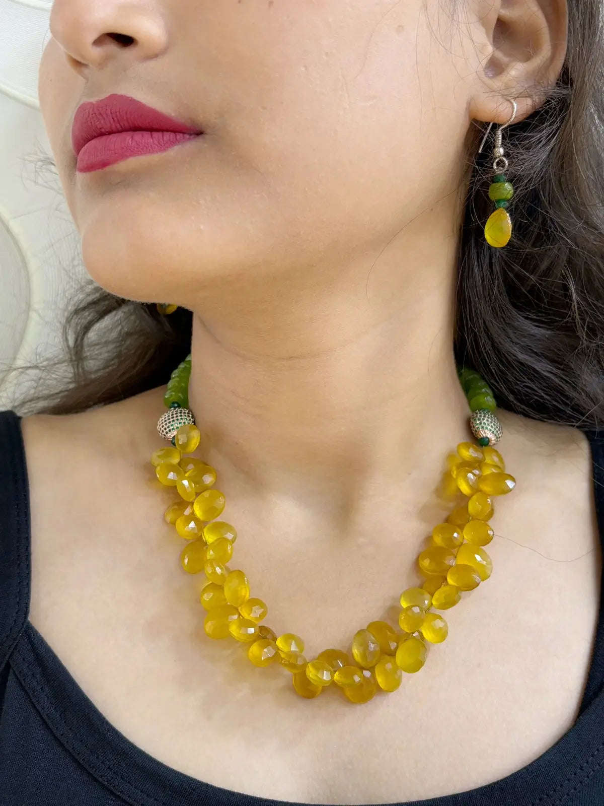 Designer Natural Yellow Onyx Faceted Almond Shaped Beaded Necklace Set For Women