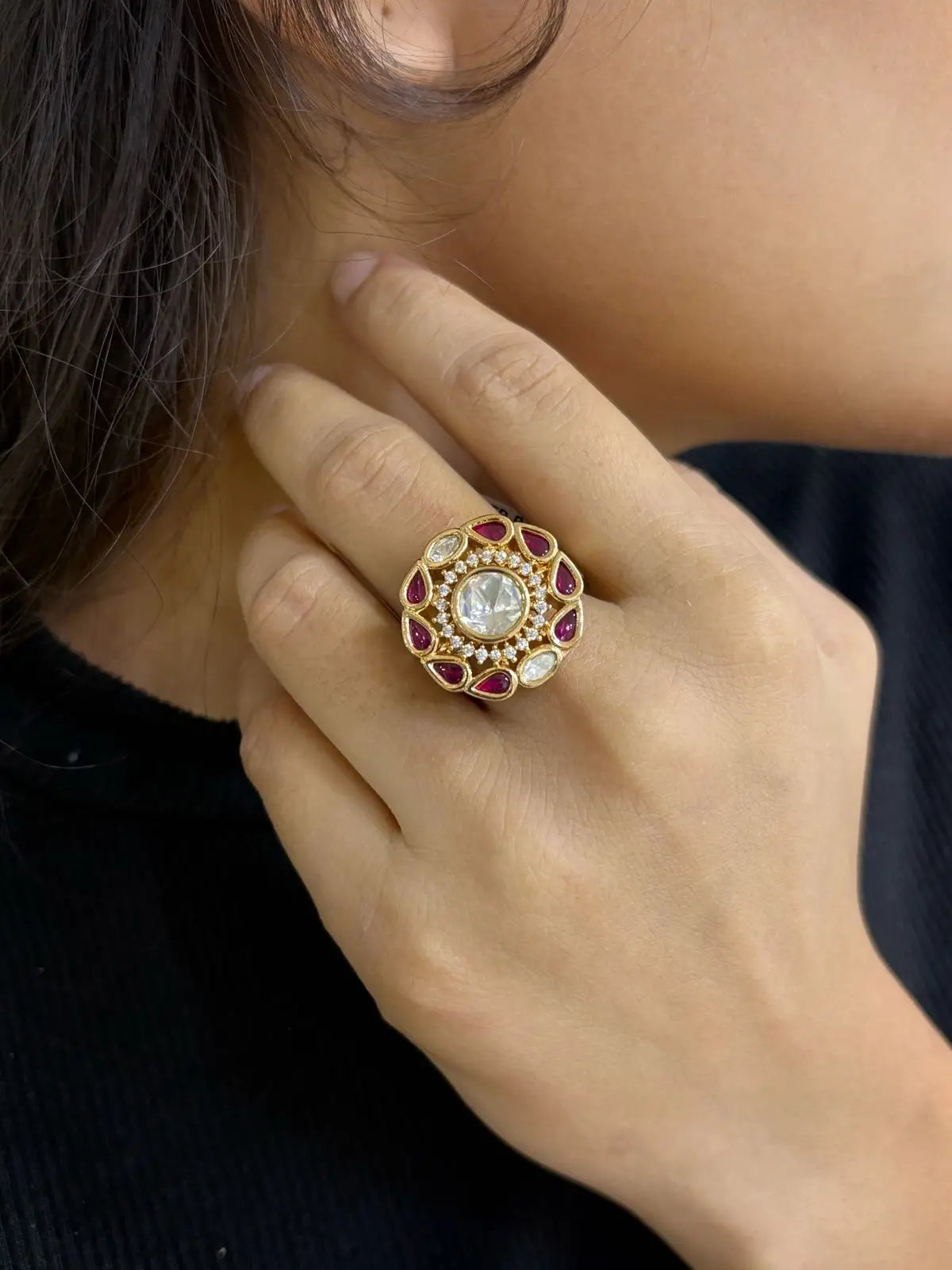Traditional Adjustable Kundan Finger Ring For Women | Party Wear Finger Rings