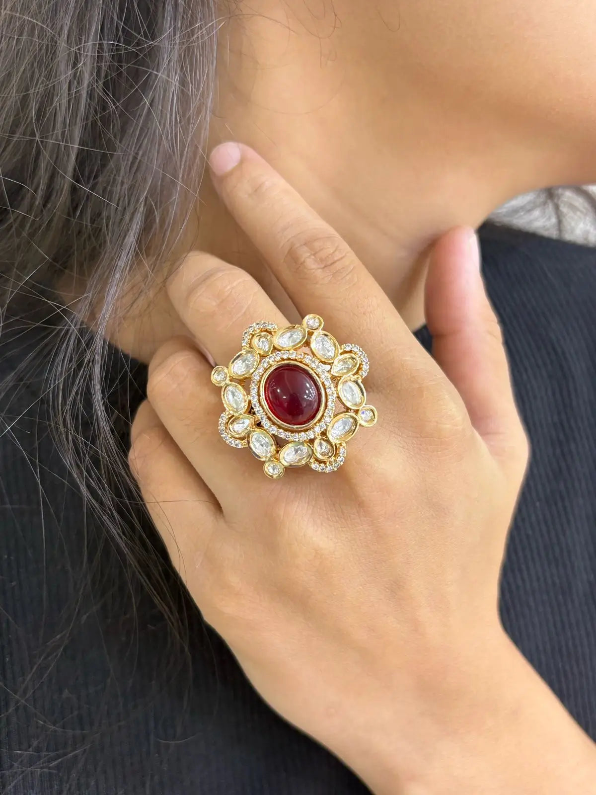 Rose Gold Finish Big Size Kundan Finger Ring For Women - Wedding And Festive Wear Rings