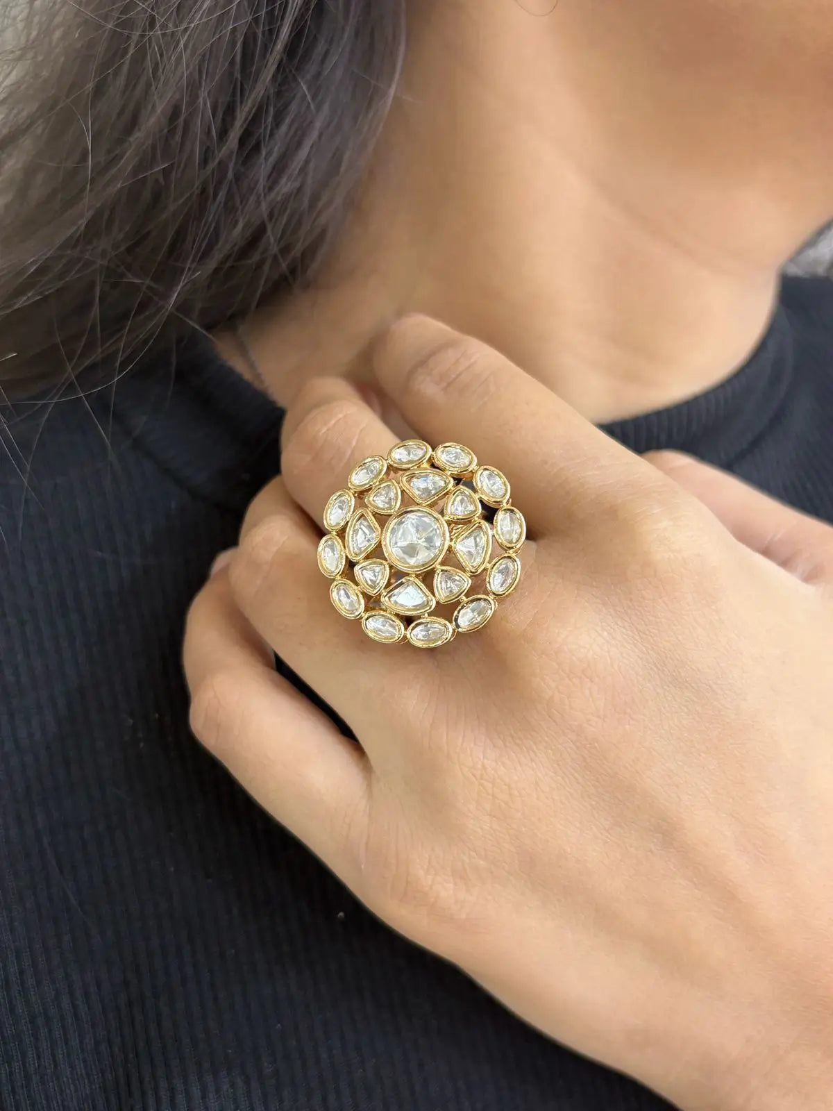 Elegant Adjustable Big Size Statement Kundan Ring - Wedding And Party Wear