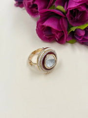 Elegant Adjustable Kundan Pearl Ring With Red Enamel - Traditional Rings For Women