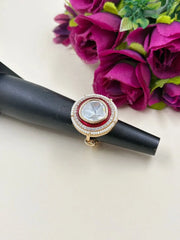 Elegant Adjustable Kundan Pearl Ring With Red Enamel - Traditional Rings For Women