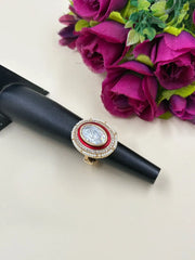 Traditional Oval Shape Polki Ring With Red Enamel - Wedding & Festive Wear Rings