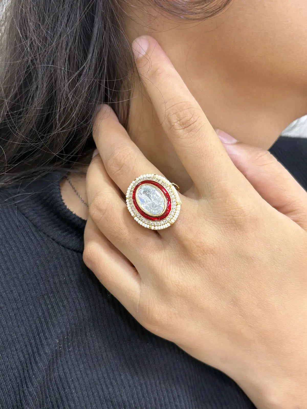 Traditional Oval Shape Polki Ring With Red Enamel - Wedding & Festive Wear Rings
