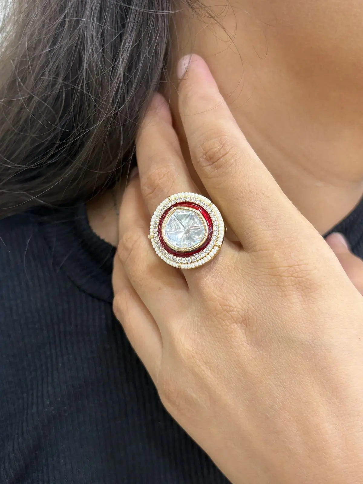 Elegant Adjustable Kundan Pearl Ring With Red Enamel - Traditional Rings For Women