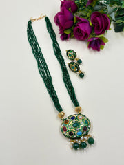 Traditional Gold Plated Multi Color Navratna Pendant Necklace Set With Layered Green Hydro Beads