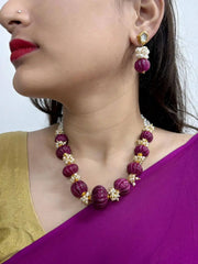 Handcrafted Semi-Precious Maroon Jade Stone Watermelon Shaped Beaded Necklace Set For Women