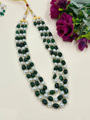 Elegant Three-Layered Green Jade And Pearl Beaded Necklace – Handcrafted Gemstone Jewelry