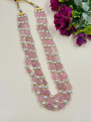 Elegant Three-Layered Baby Pink Jade And Pearl Beaded Necklace – Handcrafted Gemstone Jewelry