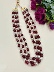 Elegant Three-Layered red Jade And Pearl Beaded Necklace – Handcrafted Gemstone Jewelry