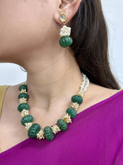 Handcrafted Semi-Precious Green Jade Stone Watermelon Shaped Beaded Necklace Set For Women