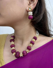 Handcrafted Semi-Precious Maroon Jade Stone Watermelon Shaped Beaded Necklace Set For Women