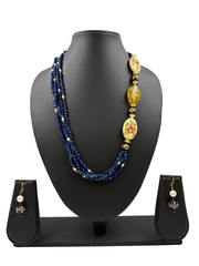 Handmade Blue Jade Beaded Necklace Set with Floral Motifs – Elegant Ethnic Jewellery