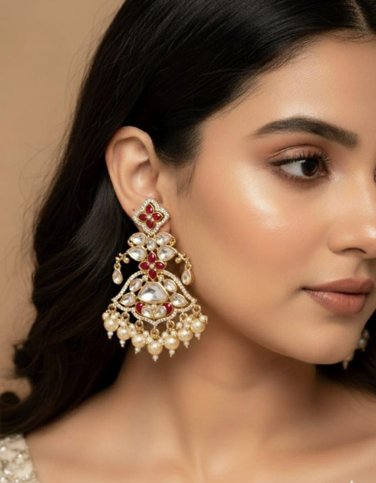 Kundan & Pearl Chandbali Earrings with Red Stone Detailing – Bridal Earrings
