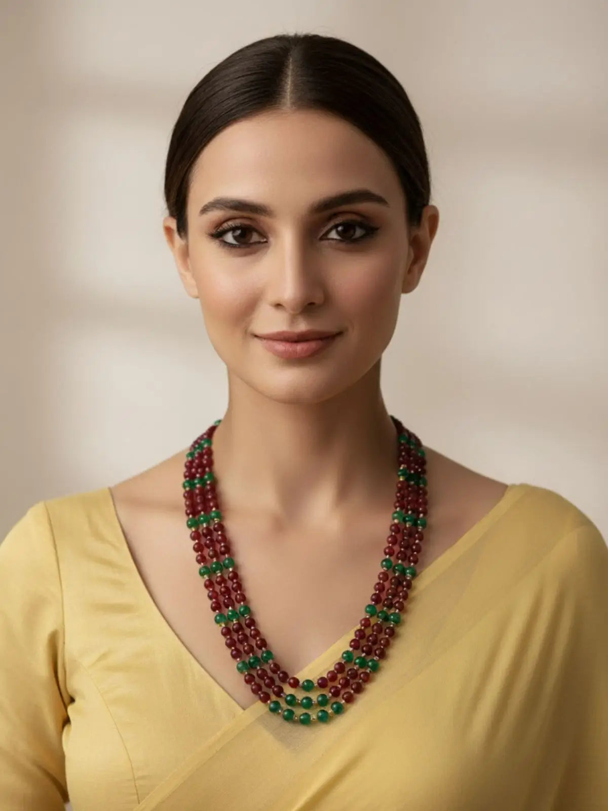 Triple Layered Maroon Onyx Beaded Necklace Set for Women