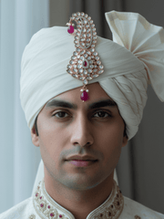 Ruby Pink Handcrafted Kundan Polki Kalangi for Groom | Elegant Wedding Safa Ornament