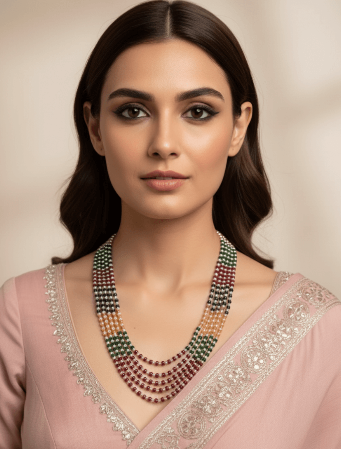 Semi Precious Jade Beads And Natural Pearls Multicolor Beaded Necklace – Unisex Gemstone Jewelry for Saree & Sherwani Wear
