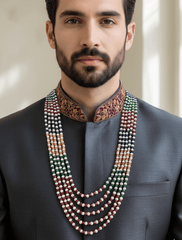 Semi Precious Jade Beads And Natural Pearls Multicolor Beaded Necklace – Unisex Gemstone Jewelry for Sherwani Wear