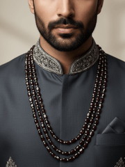 Triple Layered Semi Precious Long Garnet Beads Necklace For Men | Gemstone Beaded Necklaces
