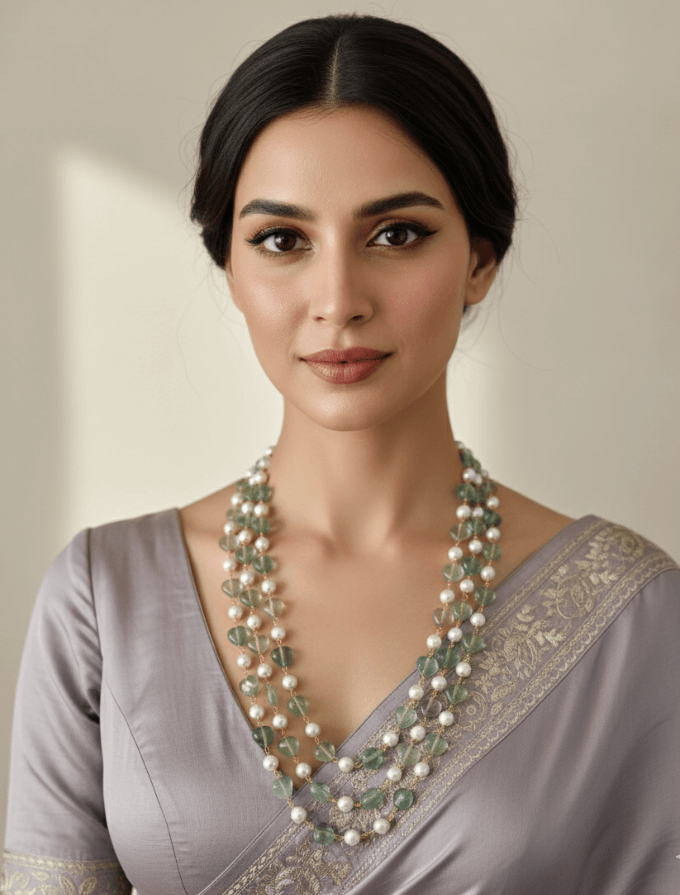 Triple Layered Shell Pearls And Fluorite Unisex Beaded Necklace - Gemstone Beads Necklace for Women