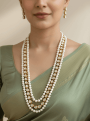 Unisex Freshwater Layered Natural Pearls And Kundan Beaded Necklace Set - Saree