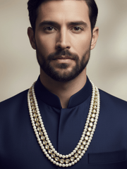 Unisex Freshwater Layered Natural Pearls And Kundan Beaded Necklace Set - Sherwani Wear