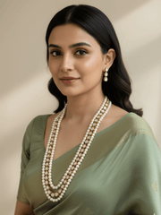 Unisex Freshwater Layered Natural Pearls And Kundan Beaded Necklace Set